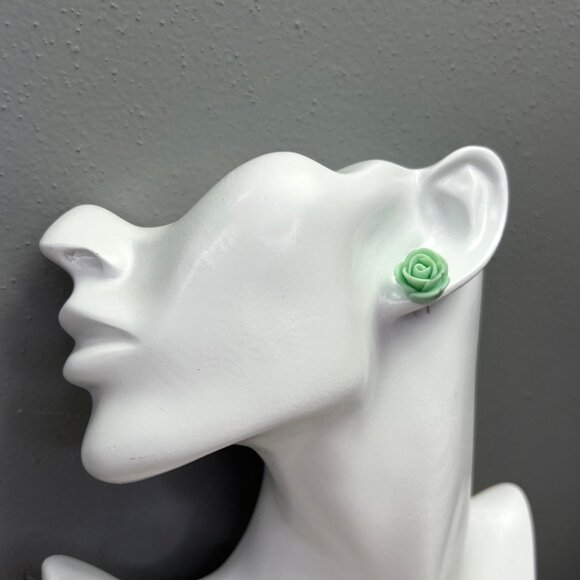 Rosebud Rose Flower Earrings Seafoam Mint Green Teal Studs Small Floral - Picture 2 of 5